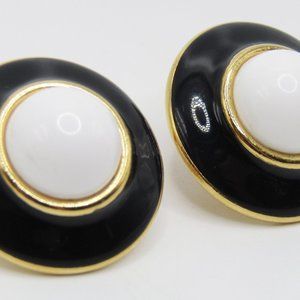 Vintage MONET Button Earrings Black White Enamel Gold Tone Eye Balls